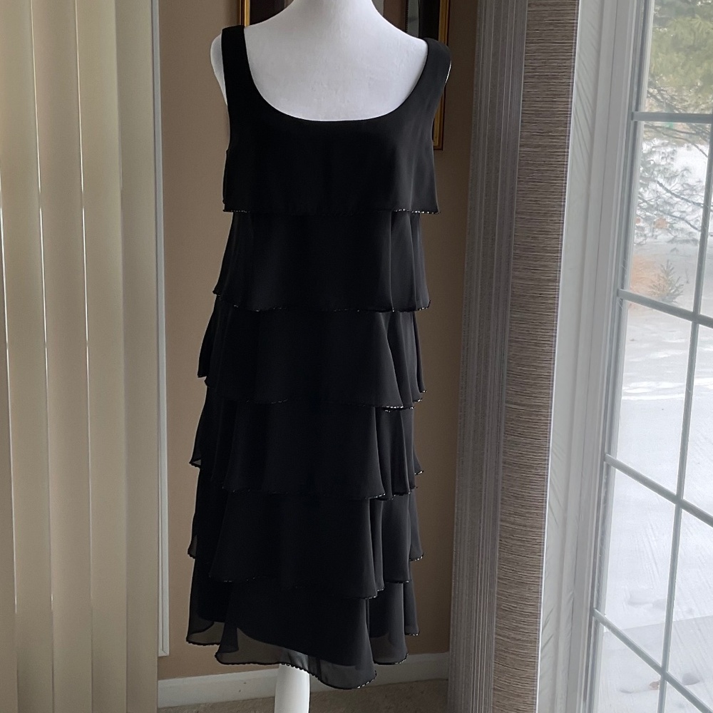 Patra Black Ruffled Beaded Tiered Formal Cocktail Dress size 8